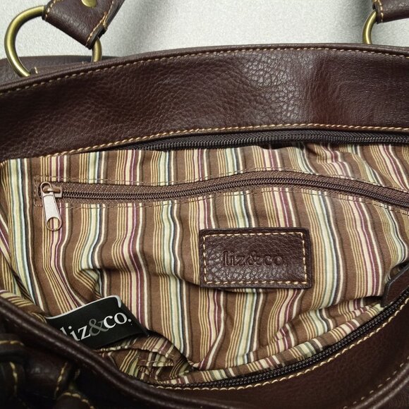 Liz & Co. Brown Faux Leather Tote Bag With Striped Fabric Lining & Multiple Comp - Picture 8 of 15
